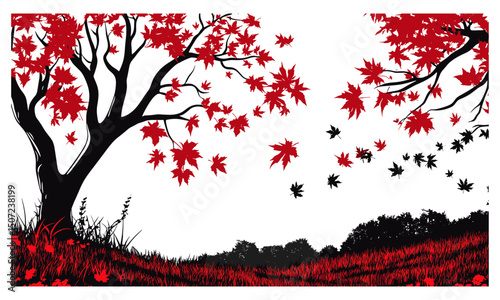 Engraved forest vector, autumn maple tree silhouettes, seasonal landscape clipart, red leaf design, colored foliage valley scene, fall scenery vector illustration, natural environment art.