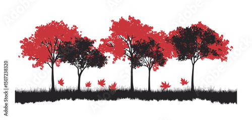 Autumn maple tree silhouettes, red leaf design, engraved forest vector, seasonal landscape clipart, colored foliage valley scene, fall nature vector illustration, rustic outdoor art.