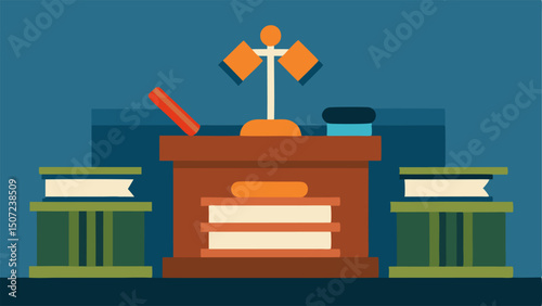 Courtroom Scene A front view of a judges bench with a gavel raised high by a judge poised to hit a wooden sound block surrounded by books and legal documents.