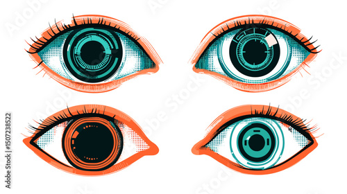 Four Pixelated Eyes in Teal and Orange Over White Background Digital Illustration Style