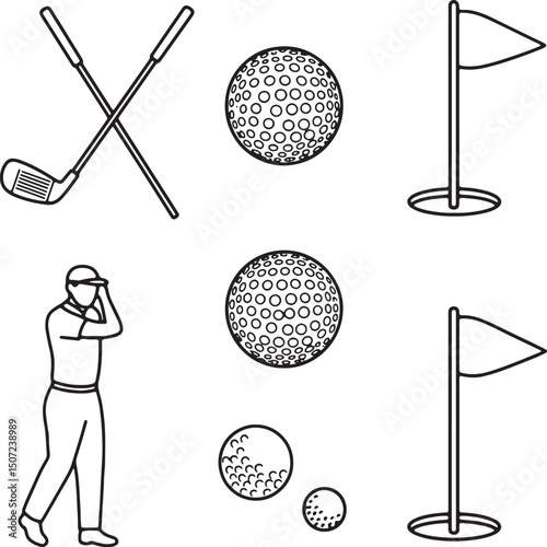 Golfing Illustration Line Art of Golfer, Clubs, Balls, and Flags