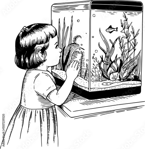 Vintage Line Art of Girl Looking Into Fish Tank (Aquarium) – Monochrome Minimalist Illustration , Curious and Reflective Illustration