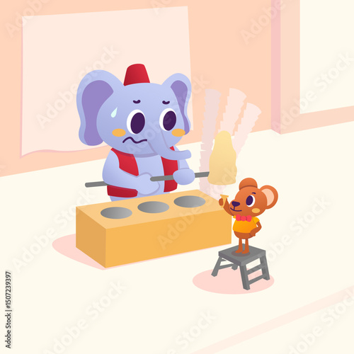 Vector cartoon of a cute elephant selling Turkish ice cream on the side of the road is afraid and can't do his tricks on rich mouse customers