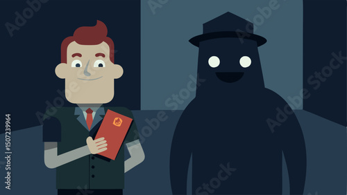 Dark Alley Encounter A shadowy figure stands in a dimly lit alley holding a fake passport with a mischievous smile while a police officer lurks nearby oblivious to the deception.