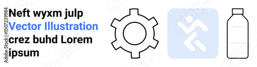 Gear symbolizing operation, running figure for physical activity, and bottle for hydration or sustainability. Ideal for fitness apps, maintenance, energy, innovation, systems, workflow simple
