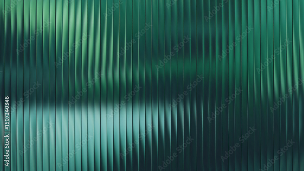 Dark green ribbed glass texture with glossy vertical waves. Frosted ribbed background with gradient effect. 3D lines and light create vertical premium corrugated reed metal and fluted waves.