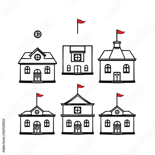 Six simple line drawings of school buildings with flags