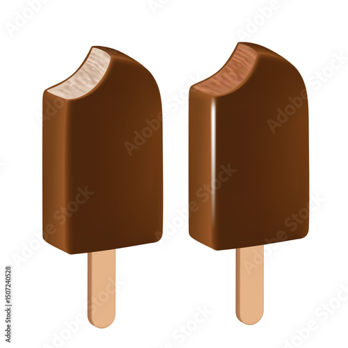 Ice cream stick. Chocolate and cream ice cream in chocolate glaze. Vector 3d illustration isolated on white background.