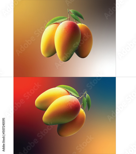 Ripe Mangoes with Leaves on Background
