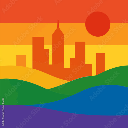 Colorful cityscape pride background with sunset and rainbow theme for equality and lgbtq+ celebration design