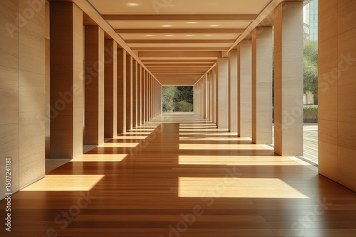 Long corridor with wooden floors highlighting floating floor expansion gap, renovation. Concept of tranquility featuring floating floor expansion gap, natural light, serene atmosphere.