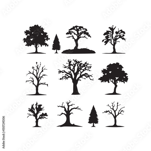 Collection of nine black tree silhouettes various shapes and sizes