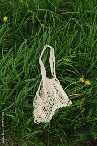 Ecofriendly crochet bag on grass for sustainable living