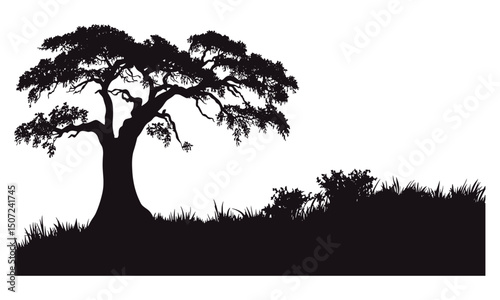 Forest Silhouette Set with Baobab Tree, summer savanna, wild tree vector, hand-drawn natural art, tropical ecosystem, wildlife scenery, vector illustration.