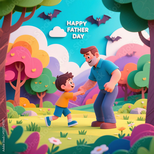 A Father s Day Celebration with Cartoon Characters in a Colorful Forest Setting