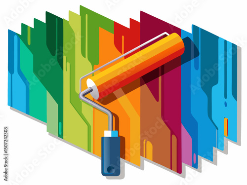 A vector illustration of a wall partially painted with a roller, showing the transition from bare to colorful, isolated on white
