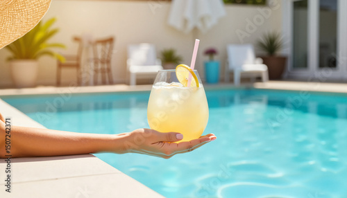 Refreshing drink held by woman near poolside in sunny resort setting   photo