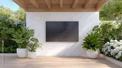 Modern Outdoor Living Room Mockup  TV  Plants  Marble Wall
