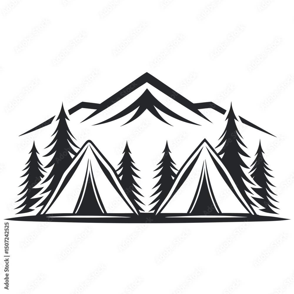 Fototapeta premium Monochrome Camping Scene with Tents, Evergreen Trees and Mountain Silhouette on a White Background 