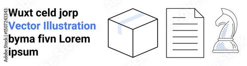 Cube, document, and chess knight symbolizing strategy, planning, and creativity. Ideal for business concepts, education, organization, problem-solving abstract ideas knowledge and simple landing