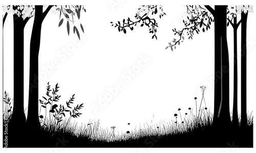 Autumn Beech Tree Landscape Pack, forest silhouette, wild tree engraving, black tree, nature scenery, tree clipart, vector illustration, fall colors, peaceful forest, natural environment.