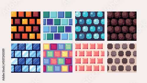  Mosaic crystal and gems pixel art square blocks. Abstract geometric seamless pattern textures 8 bit platform tiles. Game development, mobile app template. Texture grid vector illustration.