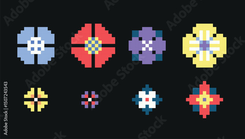 Colorful flowers pixel art set. Floweret, floret collection. 8 bit sprite. Game development, mobile app. Isolated vector illustration.	
