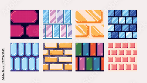  Mosaic crystal and gems pixel art square blocks. Abstract geometric seamless pattern textures 8 bit platform tiles. Game development, mobile app template. Texture grid vector illustration.