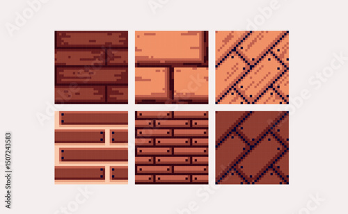  Wooden planks and panels pixel art square blocks. Rustic hardwood seamless pattern textures 8 bit platform tiles. Game development, mobile app template. Texture grid vector illustration.