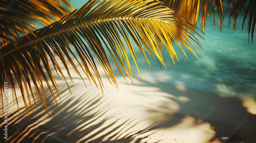 Fototapeta premium Palm frond casts shadows on the beach.