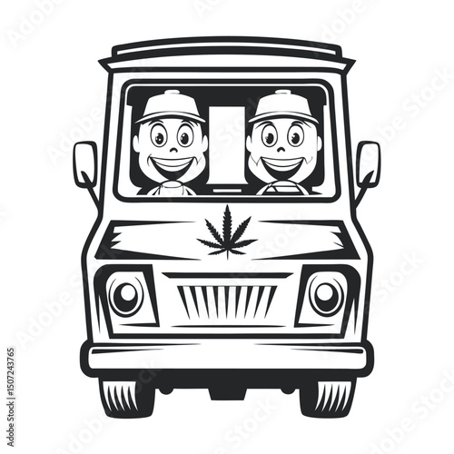 Monochrome Van Illustration with Two Cartoon Drivers and a Cannabis Leaf Emblem on the Hood, Vector Art                                               