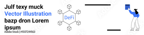 Blockchain diagram labeled DeFi connected to cubes, alongside a person holding a book. Ideal for technology, blockchain education, innovation, cryptocurrency, fintech, data visualization, simple
