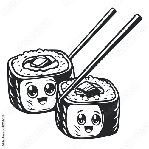 Monochrome Sushi Roll Cartoon Character with Chopsticks, Isolated on White Background - Vector Illustration                                           