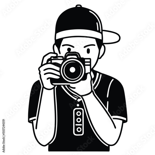 Photographer with baseball cap holding camera taking a picture black and white line art.