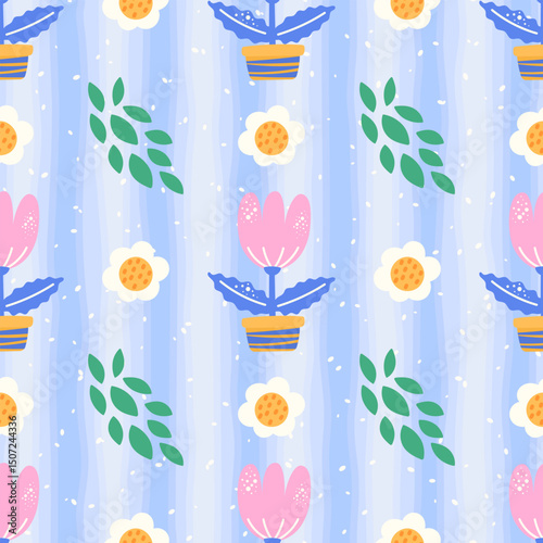 Cute floral and plant vector seamless pattern featuring kawaii cactuses, daisies, leaves with checkered and gingham background. Doodle style with Nordic folk elements for modern fabric print