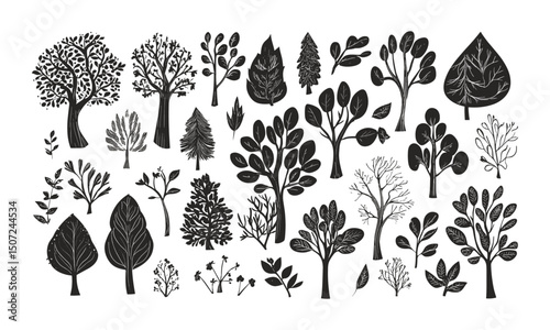 Rustic beech tree shapes pack with forest silhouettes, autumn mountain scene, hand-drawn wild trees, seasonal nature, vector illustration, natural landscape, wildlife habitat, eco design.