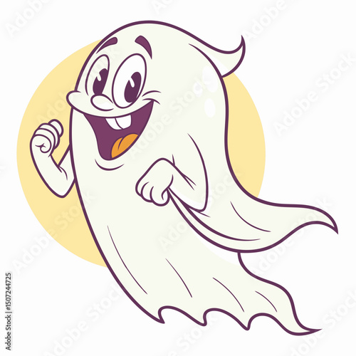 Happy Cartoon Ghost with a Big Smile and Raised Fist on Halloween