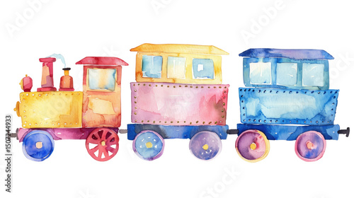 Colorful watercolor train illustration featuring vibrant hues and whimsical design