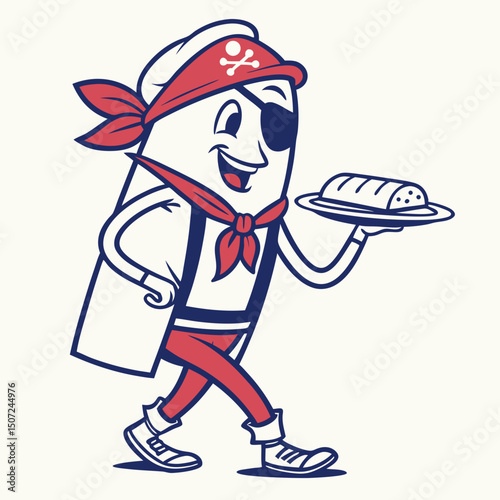 Cartoon Pirate Character Serving Bread Loaf on a Plate Illustration