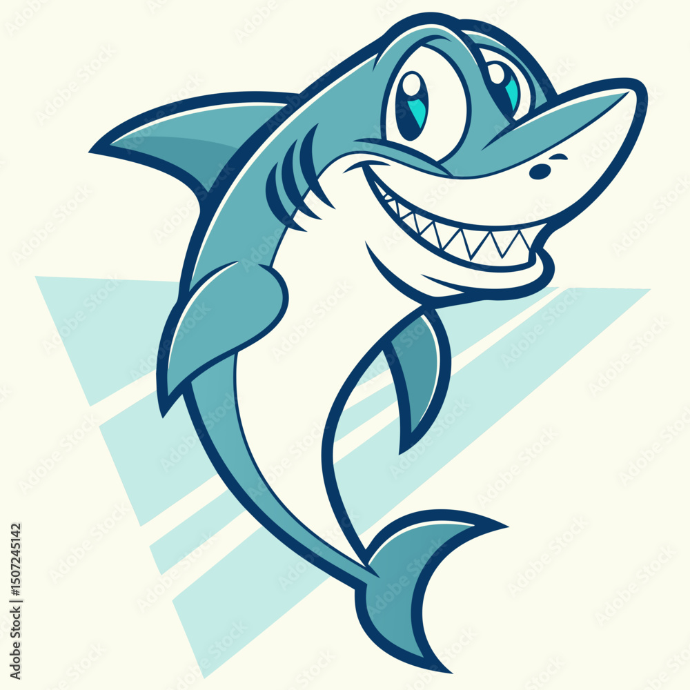 Naklejka premium Cartoon Shark with a Big Grin and Triangular Background Element