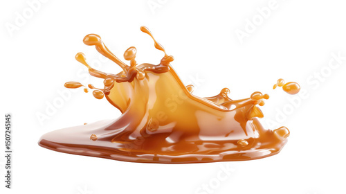 Rich caramel splash creating a vibrant, mouth-watering puddle on a transparent background