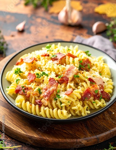 Bacon Pasta with grated parmesan cheese. Homemade spaghetti pasta on gray concrete background, copy space. Seasonal autumn food. 