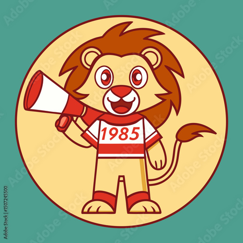 Cartoon Lion Mascot with Megaphone Wearing a Jersey with the Number 1985
