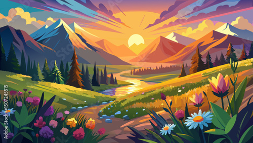 A breathtaking sunrise casts golden light over a vibrant wildflower valley nestled in the mountains, where colorful blooms awaken beneath the warm glow of morning in this serene vector landscape.