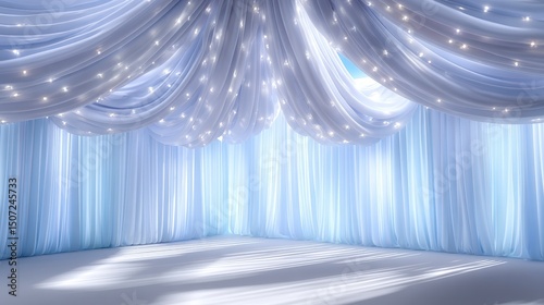 Elegant Light Blue Draped Fabric Curtains with Fairy Lights  Studio Backdrop
