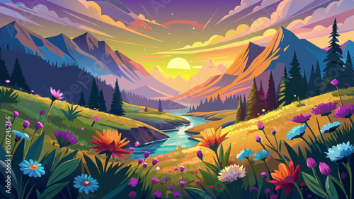 A breathtaking sunrise casts golden light over a vibrant wildflower valley nestled in the mountains, where colorful blooms awaken beneath the warm glow of morning in this serene vector landscape.