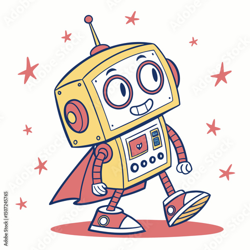Cheerful Cartoon Robot with Cape Striding Among Stars on a White Background