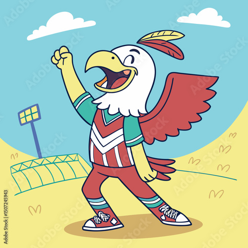 Cartoon Eagle Mascot Celebrating Victory with Raised Fist on a Sunny Day