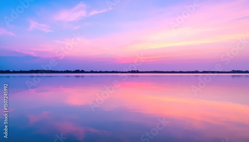A stunning sunset casts vibrant hues of orange, pink, and purple across the sky, reflecting on the calm water's surface, creating a serene atmosphere.