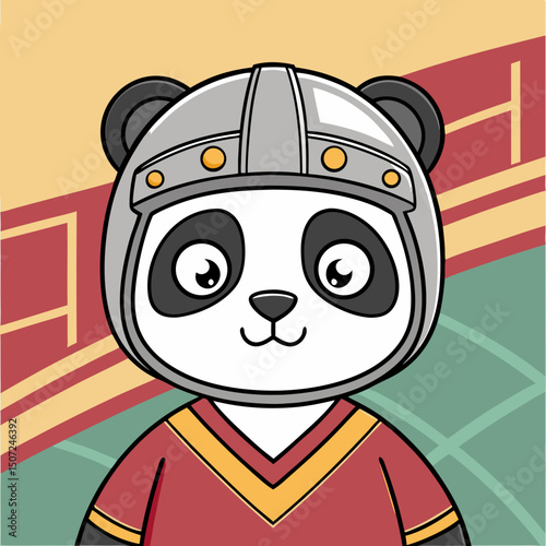 Cartoon Panda Character Wearing a Knight Helmet and Red Tunic